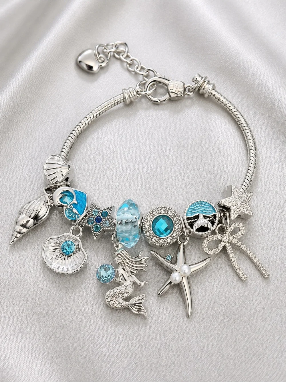 Delicate Blue Ocean Charm Bracelet - Women's Silver Jewelry